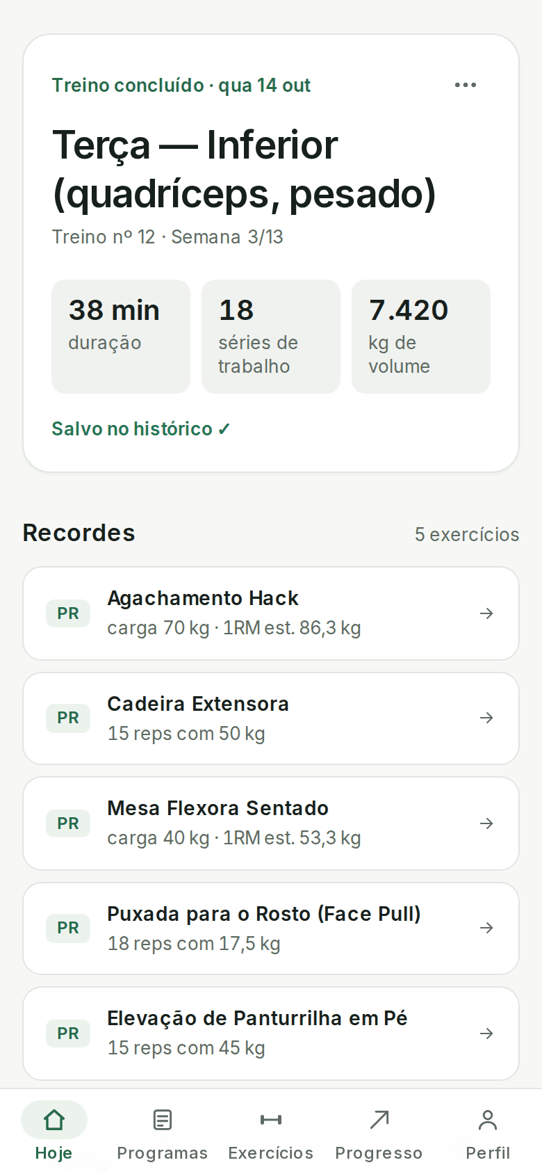 Resumo do treino: tempo, séries e volume, o check-in, quem vê, como compartilhar e os recordes