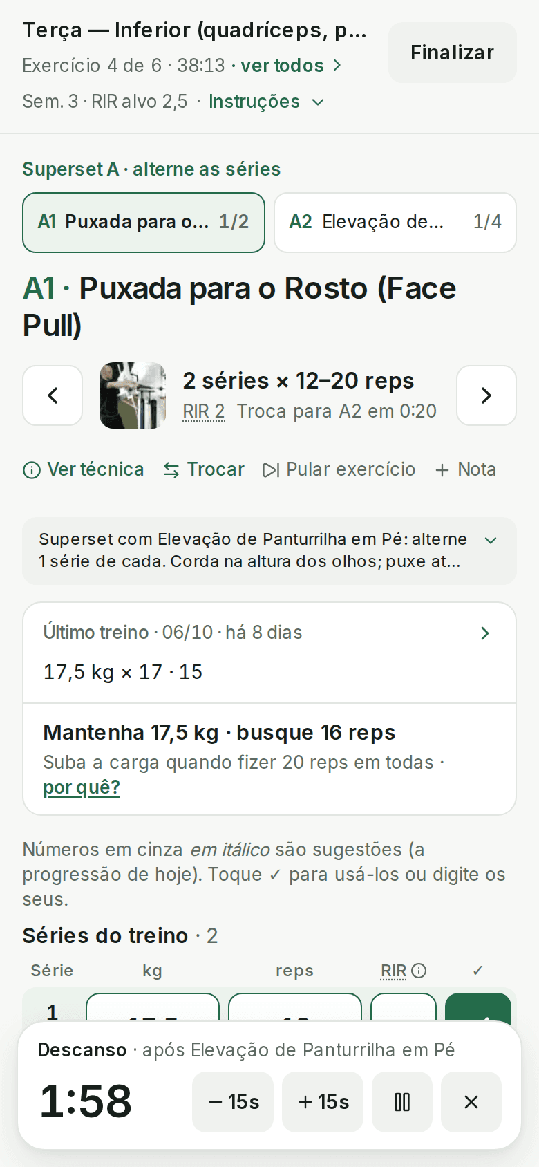Tela de treino: carga, repetições, RIR e o descanso contando